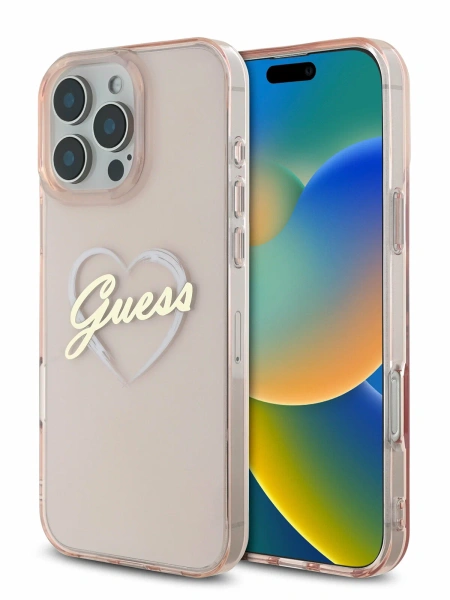 Guess для iPhone 16 Pro чехол PC/TPU Heart Hard Pink