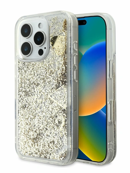 Guess для iPhone 16 Pro чехол Liquid Glitter Hard Hearts Gold