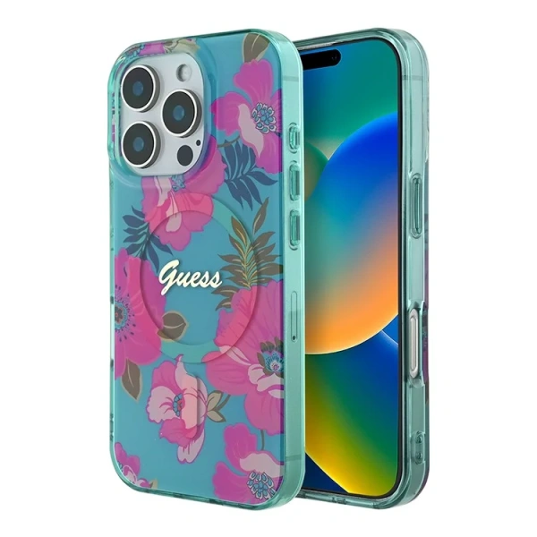 Guess для iPhone 16 Pro Max чехол PC/TPU Flowers Invisible Ring Hard Pink (MagSafe)